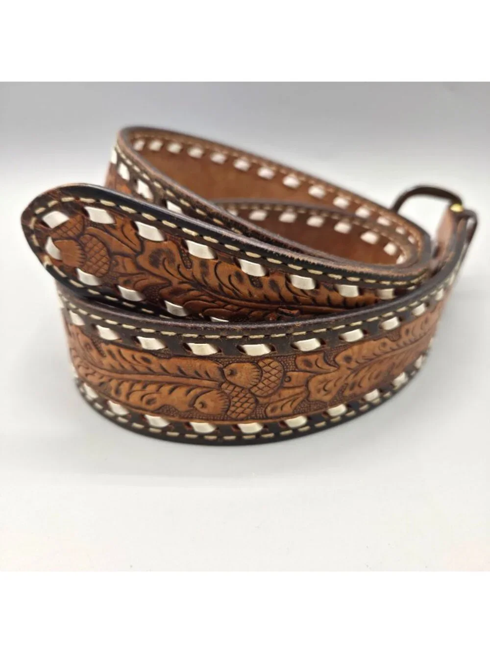 Vintage Justin Tooled Top Grain Cowhide Leather Belt Acorn Leaf Design Western
